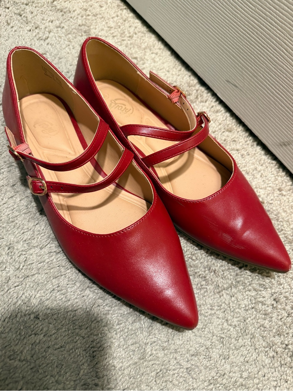 Red Pointed Mary Jane Flats - Women's Stylish Everyday Shoe